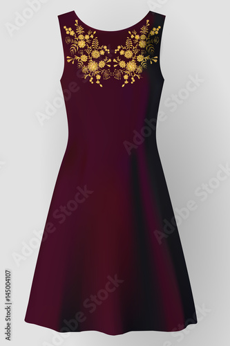 Embroidery field flower arrange necklace patch golden herbs. Fashion dress decoration woman stitch ornate realistic 3d mockup vector illustration