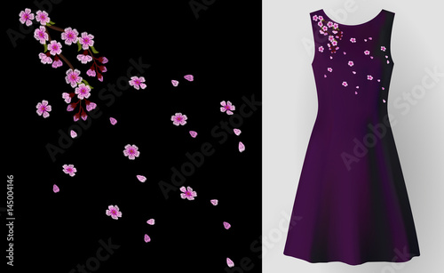 Embroidery field flower arrange necklace patch cherry pink blossom. Fashion dress decoration woman stitch ornate realistic 3d mockup vector illustration