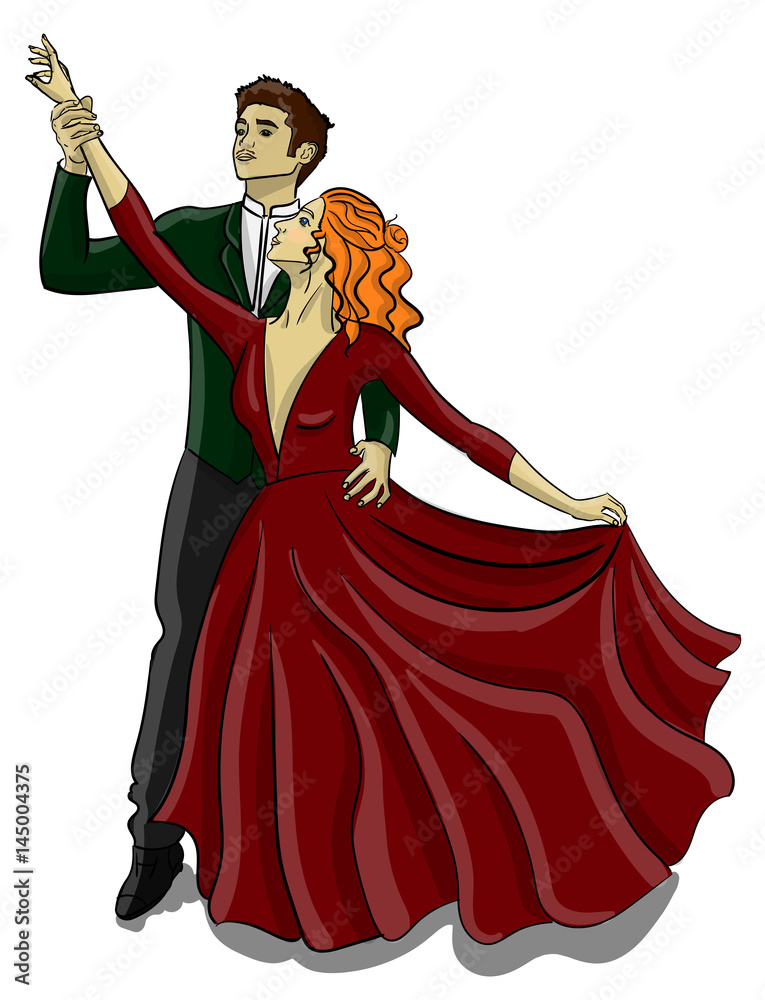 A guy in a tuxedo and a girl in a puffy dark red dress are dancing a waltz eps 10 illustration