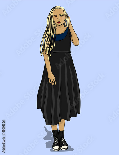 A girl with long light dreadlocks dressed in a dark gray dress and dark gray sneakers eps 10 illustration