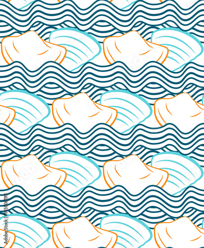 Summer vector seamless pattern with orange, blue and azure sea waves and seashells hand drawn