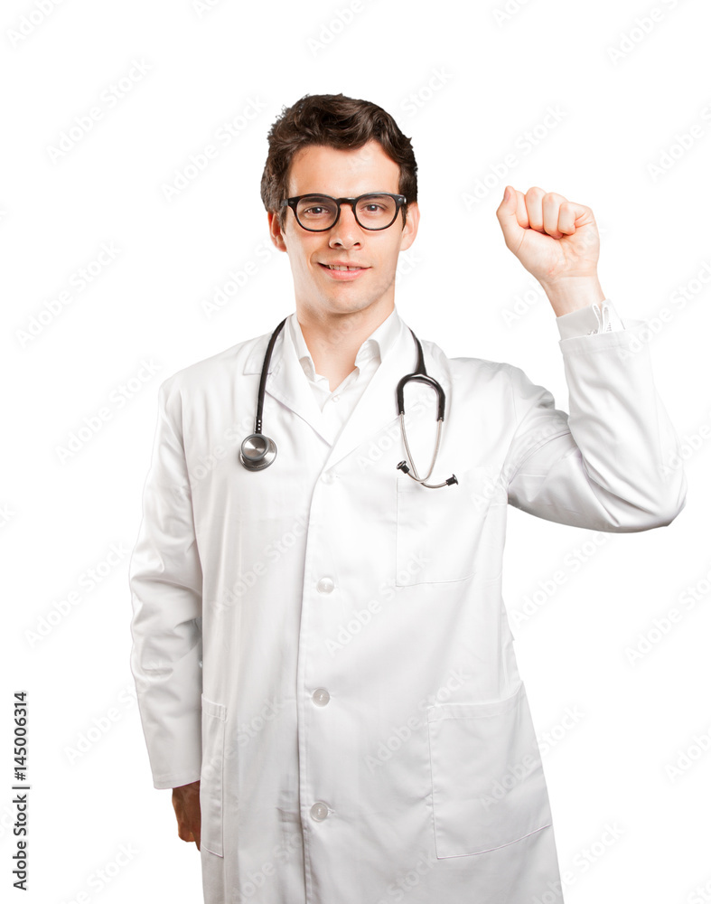 Happy doctor celebrating against white background Happy doctor celebrating against white background