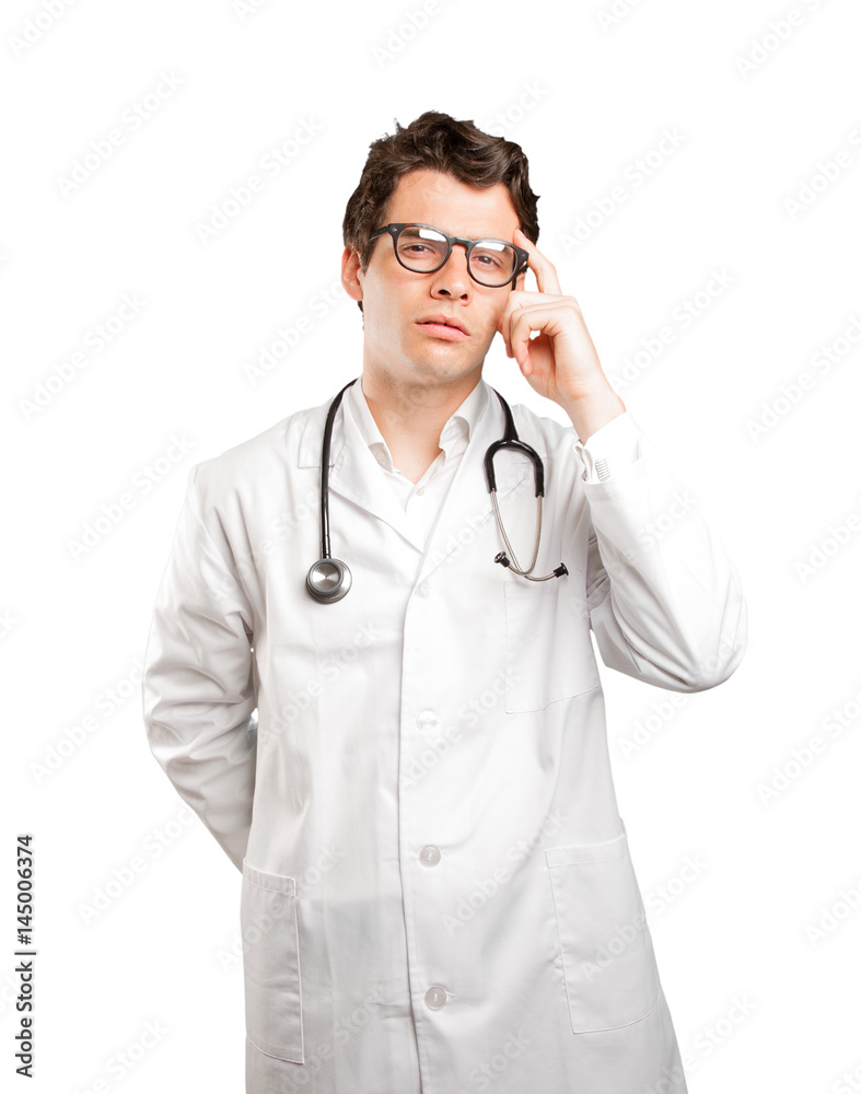 Doubtful doctor against white background Doubtful doctor against white background