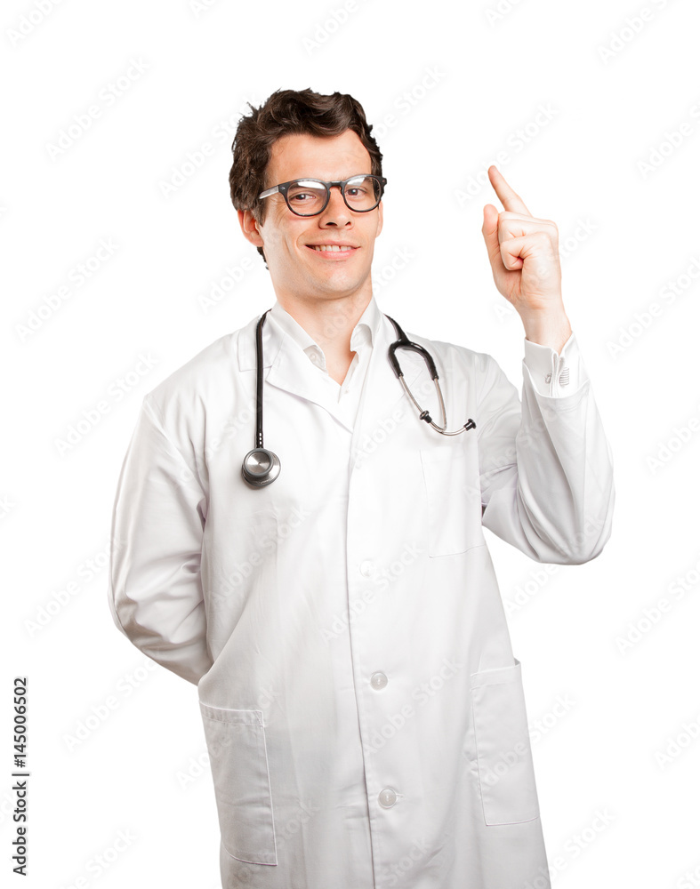 Happy doctor with number one gesture against white background Happy doctor with number one gesture against white background