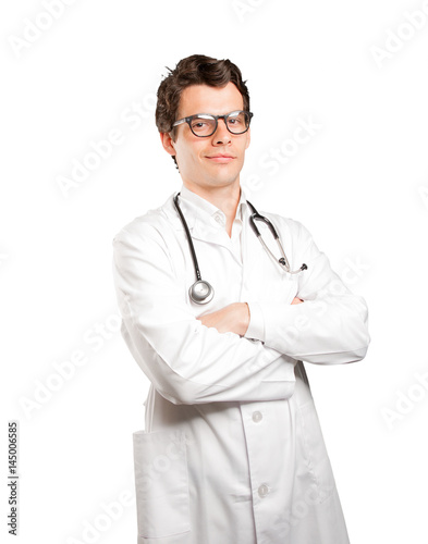 Satisfied doctor against white background