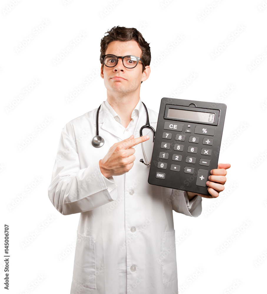 Doctor holding a calculator worried about his economy against white background Doctor holding a calculator worried about his economy against white background