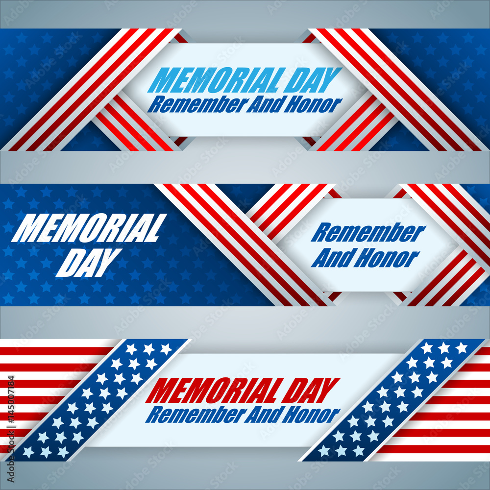 Set of web banners design, background with texts and American flag, for Memorial day event, celebration