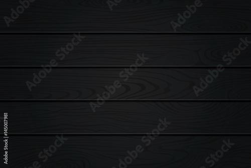 Black wood texture. Natural dark wooden background. Ebony, coal black wood. Top view. Vector planks texture.