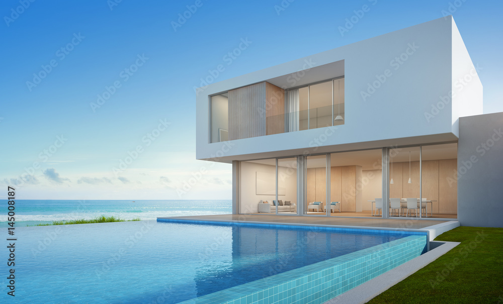 Luxury Beach House With Sea View Swimming Pool In Modern Design, Vacation  Home For Big Family - 3D Rendering Stock Illustration | Adobe Stock
