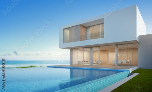 Luxury beach house with sea view swimming pool in modern design, Vacation home for big family - 3d rendering