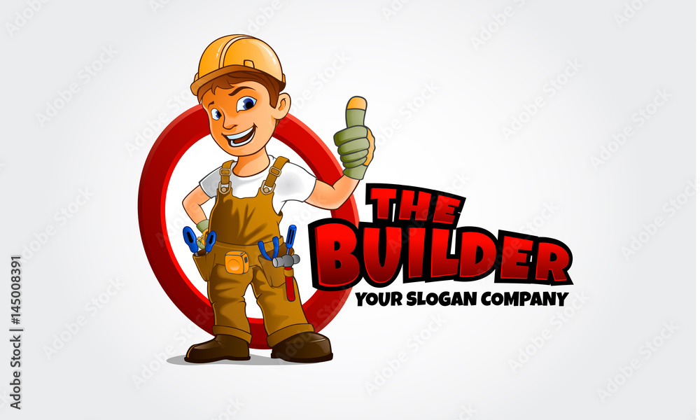 The Builder Mascot Logo Cartoon . Thumbs up builder man character. logo  template for any business identity architecture, property, real estate,  housing solutions, home staging, building engineers, etc Stock Vector |  Adobe Stock