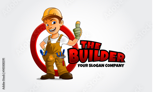 The Builder Mascot Logo Cartoon . Thumbs up builder man character. logo template for any business identity architecture, property, real estate, housing solutions, home staging, building engineers, etc