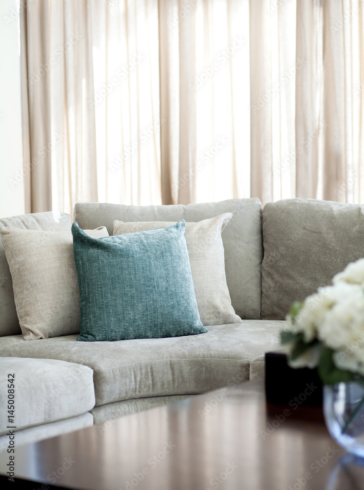 Relax area with large sofa and pillow, selective focus