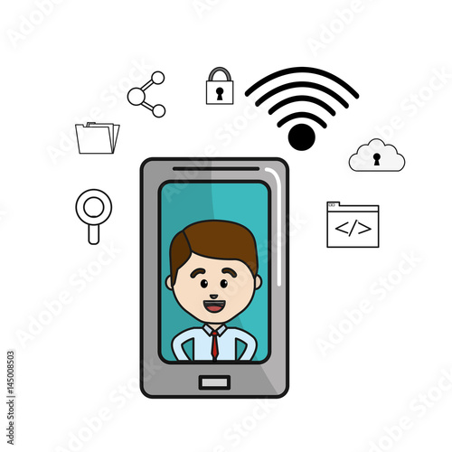 man inside of smartphone and technology icons