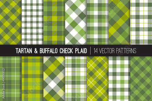 Green Tartan and Buffalo Check Plaid Vector Patterns in Greenery - 2017 Color of the Year, Kale and Lime Green. Hipster Lumberjack Flannel Shirt Fabric Textures. Pattern Tile Swatches Included.