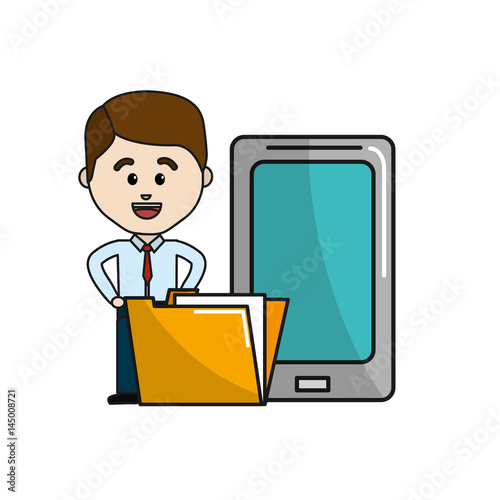 man with smarphone and digital folder file information