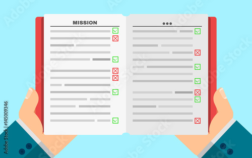 Business man holds a filled diary in hands. Business plan. Green and red marks. Tasks in writing. Vector illustration in a flat style. Cover and paper pages. Agenda photo