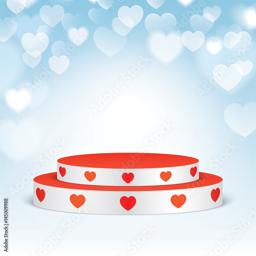 White stairy stage with red hearts, isolated on a blue bokeh romantic background. photo