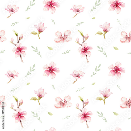 Watercolor seamless wallpaper with blossom cherry flowers  branch and leaves  bohemian watercolour decoration pattern. Design for invitation  wedding or greeting cards