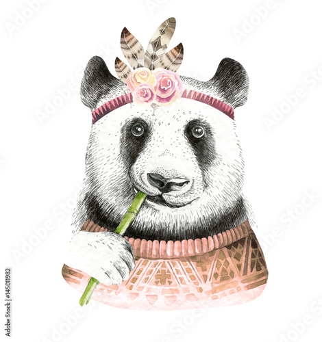 Naklejka na ścianę Ilustracja akwarela panda. Czeskie słodkie zwierzę. Styl Boho. Druk artystyczny pielęgniarstwa. Kolekcja piór