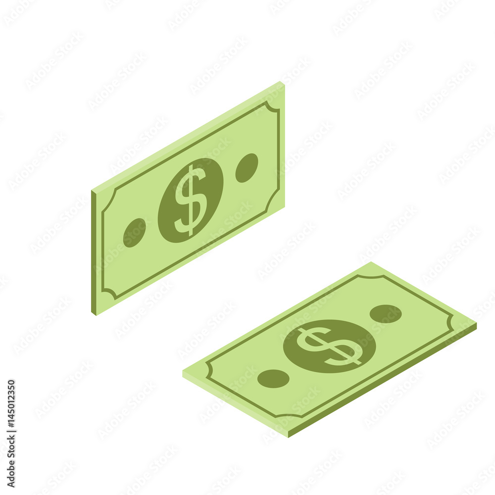 Dollar currency banknote green. Dollars bill, money banknote. Isometric vector illustration of money. Dollar currency banknote green. Dollars bill, money banknote. Isometric vector illustration of money.
