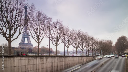 paris city cloudy day traffic tunnel street alma bridge eiffel tower panorama 4k time lapse france
 photo