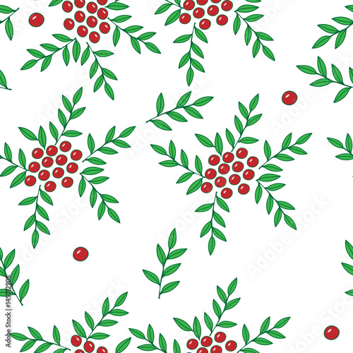 Seamless pattern with red rowan berry and green leaf