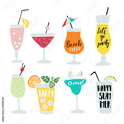 Set of hand drawn alcoholic drinks, cocktails with lettering quotes. Summer holiday and beach party concept. Isolated vector icons.