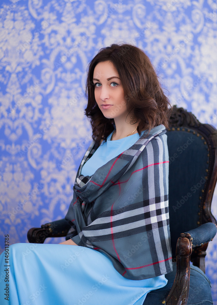 Beautiful girl in a blue dress, spring,a girl in a shawl Beautiful girl in a blue dress, spring,a girl in a shawl