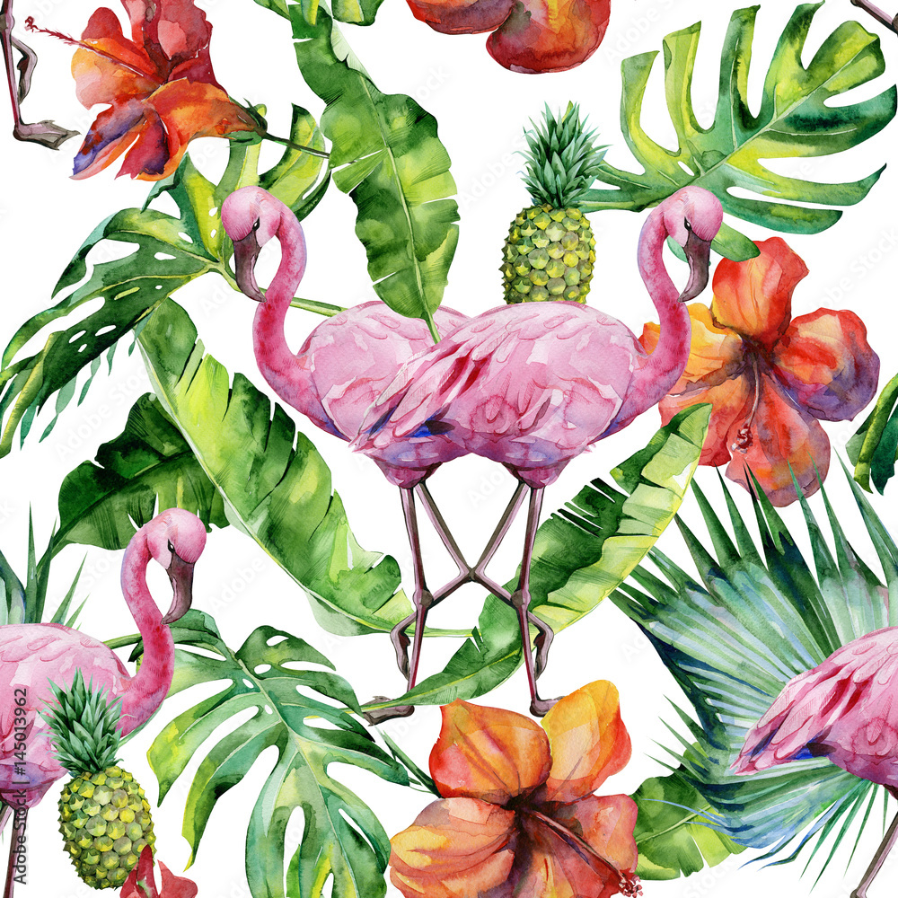 Obraz premium Akwarela ilustracja tropikalny różowy ptak flamingo. Modna grafika z tropikalnym motywem letnim. Egzotyczna sztuka na Hawajach. Bezszwowy wzór lustra.