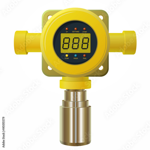 Vector gas detector. Yellow gas meter with digital LCD display. Low poly gas consumption when sensor heater with adjustable values. Safety sensor against poisoning with gas programmable alarm relays.