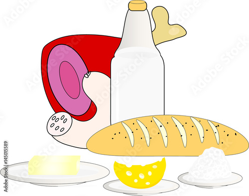 Still-life of the products. Milk, cheese, curd, oil with a piece of meat and sliced sausage, bread loaf