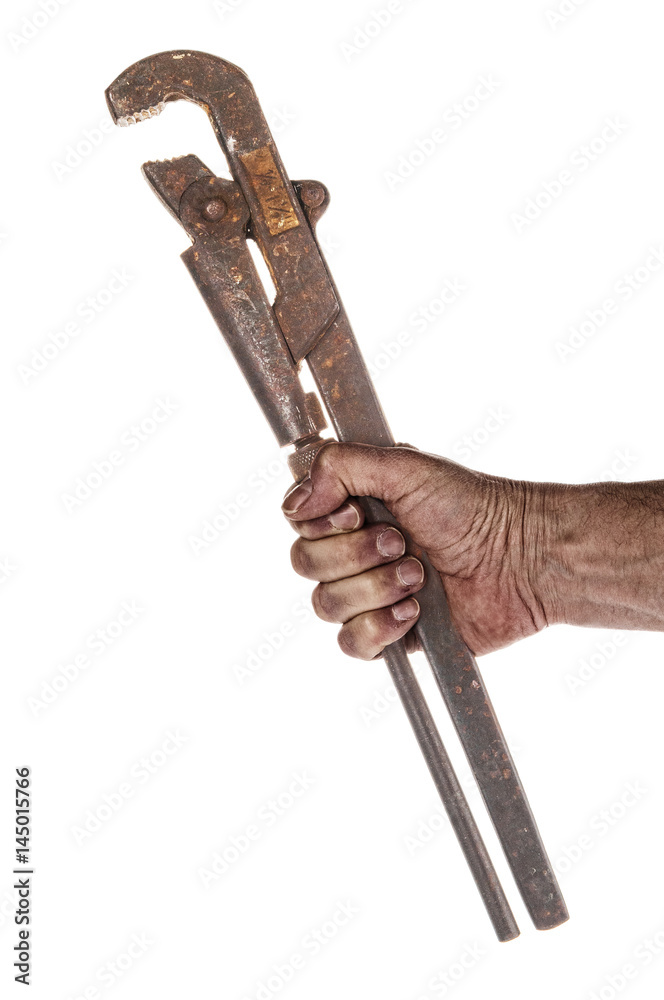 Old rusty wrench in hand on white background Old rusty wrench in hand on white background