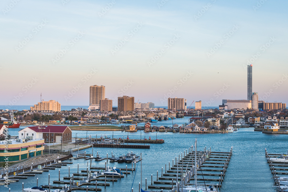 Overlooking State Marina Harbor in Atlantic City, New jersey at sunset
