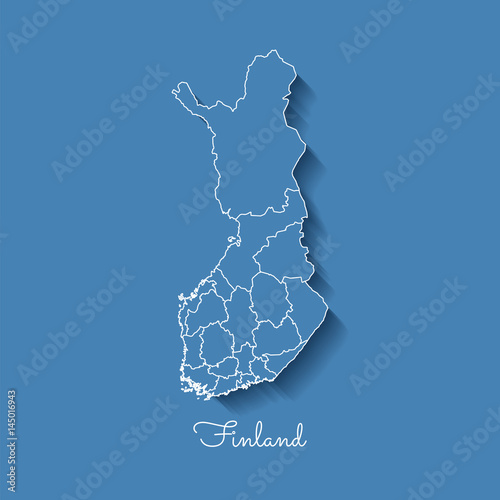 Finland region map: blue with white outline and shadow on blue background. Detailed map of Finland regions. Vector illustration.