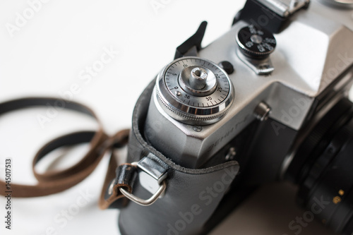 Vintage photo camera. Detail. Closeup photo. Selective focus.