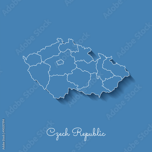 Czech Republic region map: blue with white outline and shadow on blue background. Detailed map of Czech Republic regions. Vector illustration.