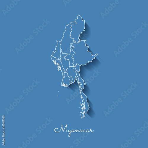 Myanmar region map: blue with white outline and shadow on blue background. Detailed map of Myanmar regions. Vector illustration. photo