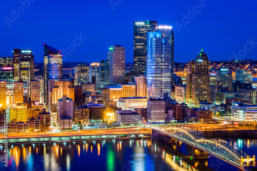 Skyline of Pittsburgh, Pennsylvania at night from mount washington in spring