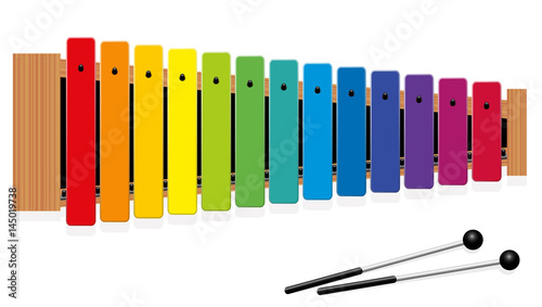 Metallophone or Glockenspiel with thirteen rainbow colored bars and two percussion mallets - top view - isolated vector illustration on white background.