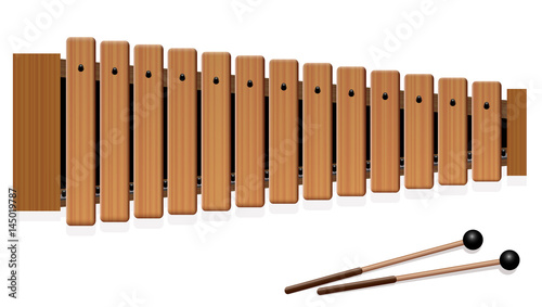 Xylophone - musical instrument with thirteen wooden bars and two percussion mallets - top view - isolated vector illustration on white background. photo