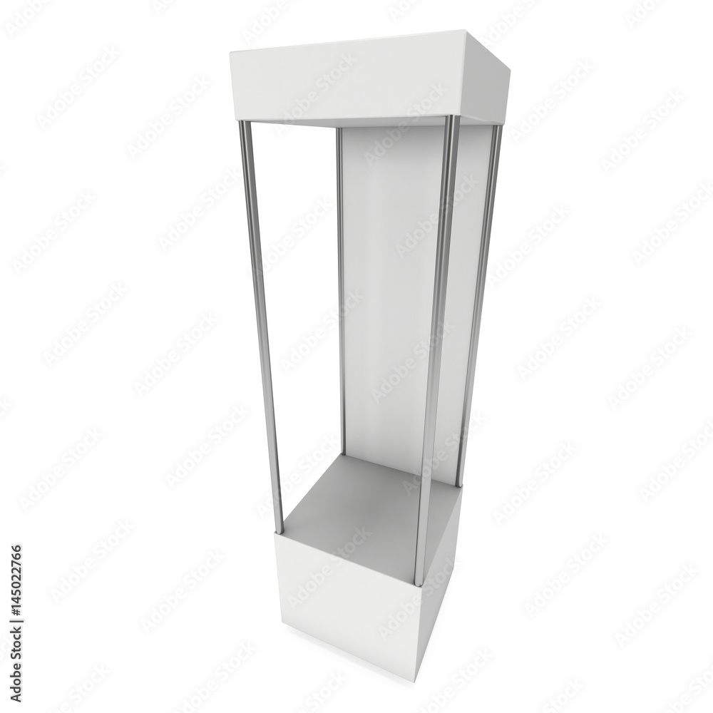 Empty showcase with for exhibit. 3D render illustration isolated on white background. Trade show booth blank pedestal for expo design.