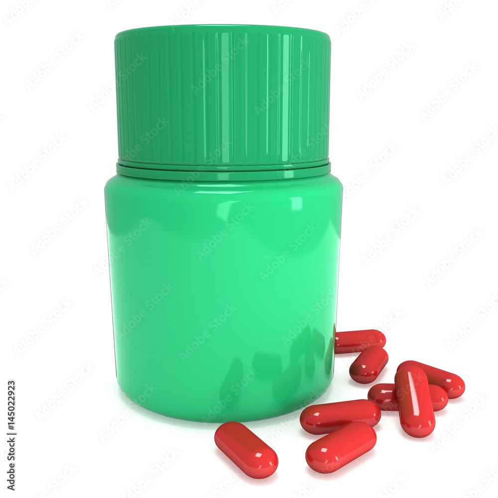 Green plastic bottle of pills. 3D render illustration isolated on white background. Medical drug pharmacy care and tablet pills antibiotic pharmaceutical Green plastic bottle of pills. 3D render illustration isolated on white background. Medical drug pharmacy care and tablet pills antibiotic pharmaceutical