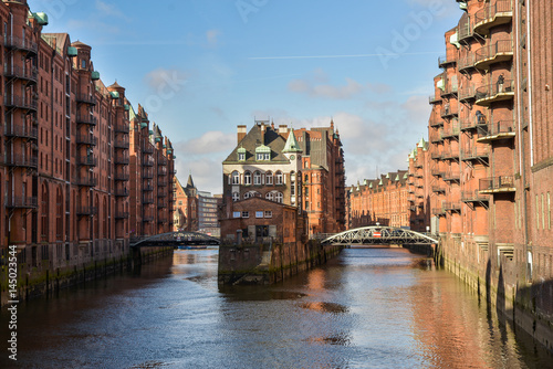 Famous Speicherstadt warehouse district with blue sky in Hamburg, Germany