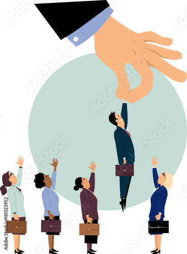 Giant managerial hand piking a man from a row of potential candidates for a job, ignoring women, EPS 8 vector illustration 