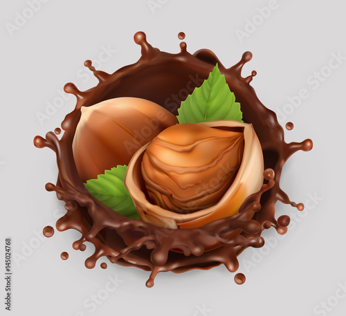 Hazelnut and chocolate splash. Realistic illustration. 3d vector icon