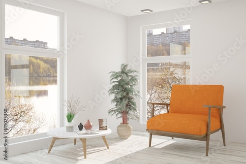 White room with armchair and urban landscape in window. Scandinavian interior design. 3D illustration © AntonSh