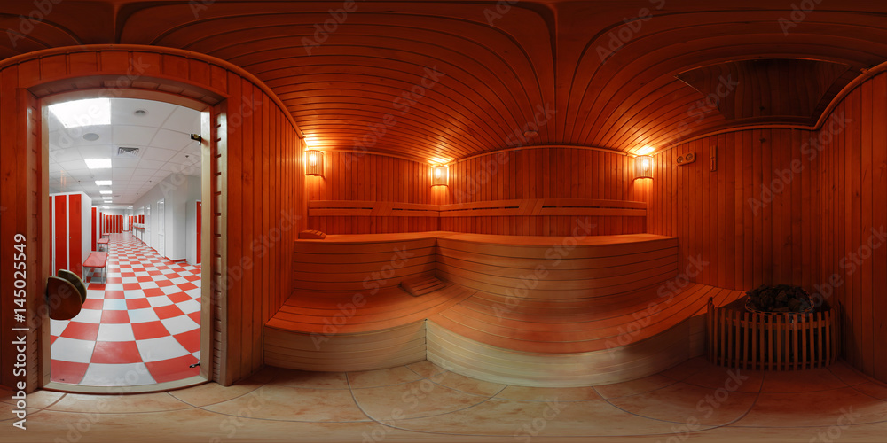 A bright panorama of the sauna inside the locker room of the sports club.
Equidistant projection of the panorama inside the male sauna