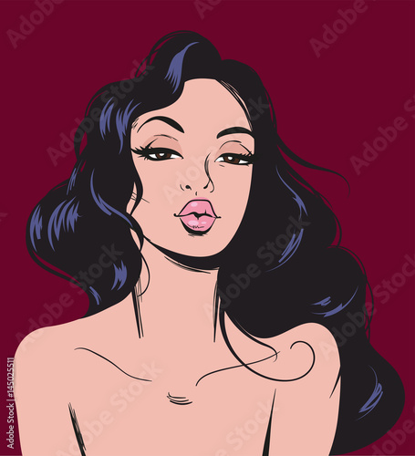 Elegant romantic sexy woman pop art. Fashionable beautiful brunette woman retro comic style.