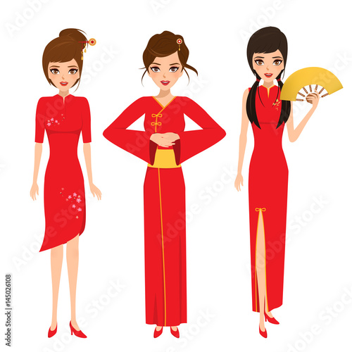 Chinese woman in traditional clothes. Full growth. Vector illustration isolated on a white background.